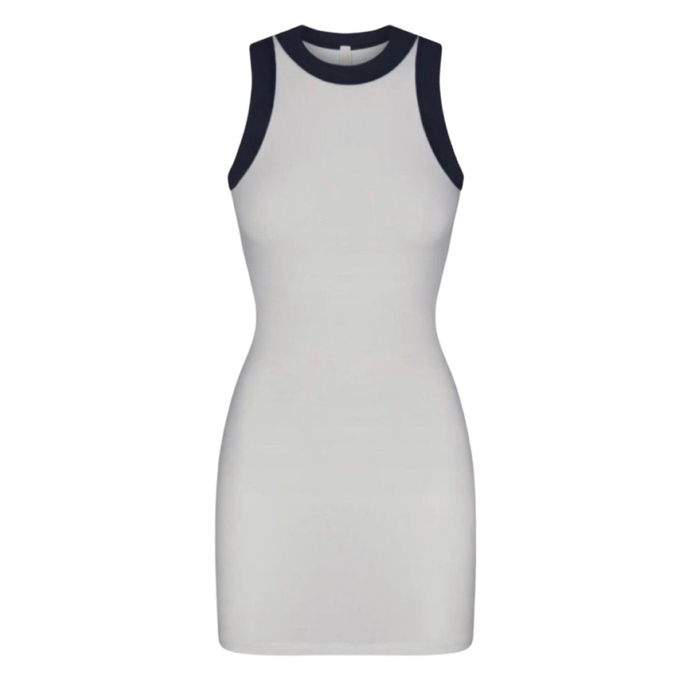 SKIMS Like New Soft Lounge Ribbed Cotton White & Navy Ringer Tank Mini Dress S